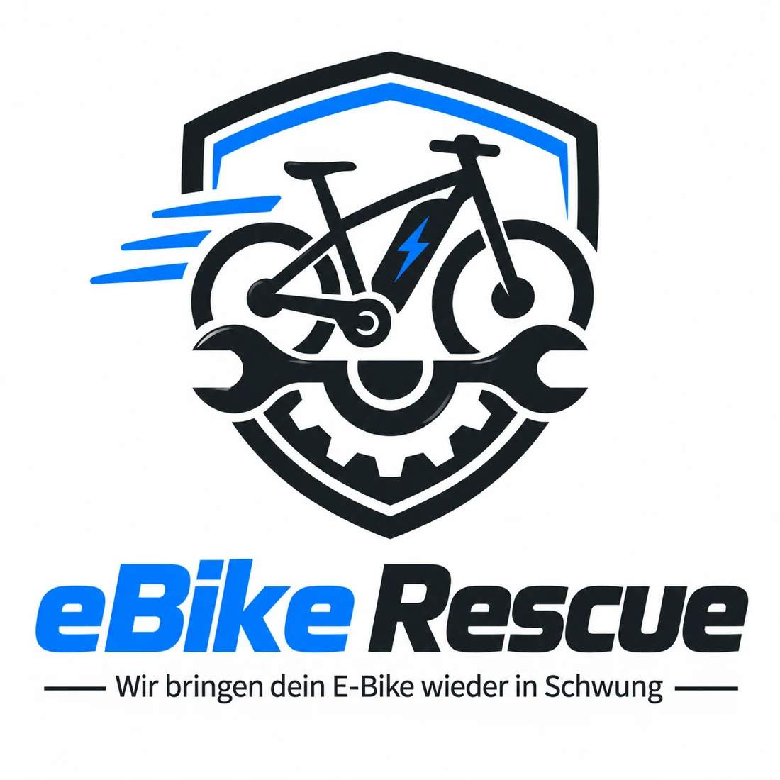eBike Rescue Logo mit Elektrofahrrad, Werkzeug und Schild